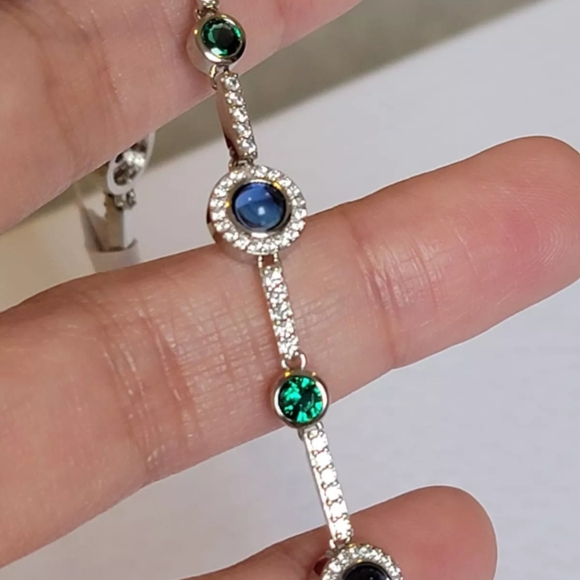 Blue/ Green Gemstone Hoop Earrings, Tennis Bracelet  Ring Matching set S. Silver - Picture 9 of 15